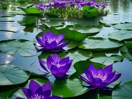 zwei lila Lotusblumen schwebend im ein Teich mit Grün Blätter ai generiert foto