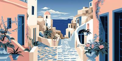 generativ ai, Santorin, Griechenland Thema Mauer Kunst drucken matisse Stil Poster, eben Stil Illustration foto