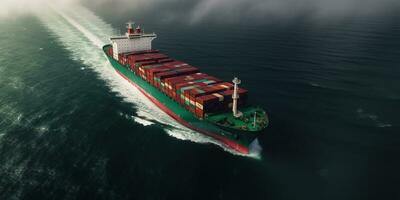 generativ ai, Container Schiff im importieren Export und Geschäft Logistik. Antenne Sicht, Wasser Transport, Ladung Versand im öffnen Meer. foto