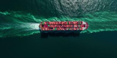 generativ ai, Container Schiff im importieren Export und Geschäft Logistik. Antenne Sicht, Wasser Transport, Ladung Versand im öffnen Meer. foto