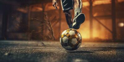 generativ ai, Fußball Stiefel treten ein Fußball Ball, Tor Moment auf das Stadion foto