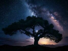 ein majestätisch Baum silhouettiert gegen ein Hintergrund von das riesig Nacht Himmel gefüllt mit Sterne ai generiert foto