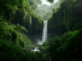 ein Wasserfall umgeben durch üppig Grün Vegetation ai generiert foto