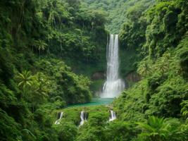 ein Wasserfall umgeben durch üppig Grün Vegetation ai generiert foto