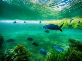 ein Gruppe von Fisch schwimmen im das Ozean ai generiert foto