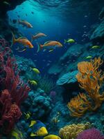 ein bunt unter Wasser Szene mit Koralle und Fisch ai generiert foto