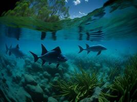 unter Wasser Szene mit Fisch Schwimmen im das Ozean ai generiert foto