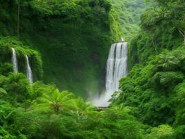 ein Wasserfall im das Urwald umgeben durch üppig Grün Vegetation ai generiert foto