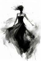 generativ ai, schön Tanzen Frau gezeichnet durch schwarz Tinte oder Aquarell. Hand Farbe schwarz und Weiß Mode skizzieren. foto