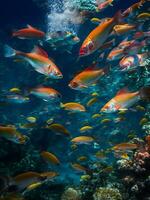 ein Gruppe von Fisch Schwimmen im das Ozean ai generiert foto