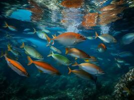 ein Gruppe von Fisch Schwimmen im das Ozean ai generiert foto