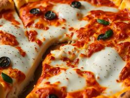 ein Pizza mit Käse und Peperoni auf ein hölzern Tafel ai generiert foto