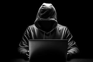 anonym Hacker Tippen auf Computer Laptop. hacken Computer System, Cyber Verbrechen, Cyber Sicherheit, Cyberkriminalität, Cyber Attacke. ai generiert foto
