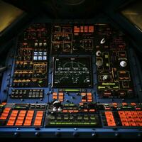 Außerirdischer Raumschiff Steuerung Tafel. Sci-Fi Mission Kontrolle. Kabine von das Zukunft. foto