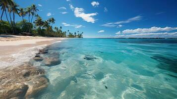 Weiß sandig Strand auf ein tropisch Insel und klar Meer. Paradies abgelegen Insel. erstellt mit generativ ai foto