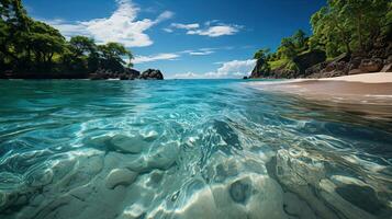 Weiß sandig Strand auf ein tropisch Insel und klar Meer. Paradies abgelegen Insel. erstellt mit generativ ai foto