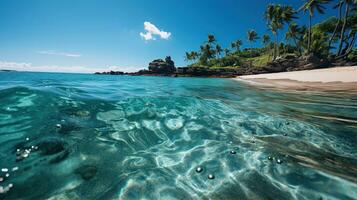 Weiß sandig Strand auf ein tropisch Insel und klar Meer. Paradies abgelegen Insel. erstellt mit generativ ai foto