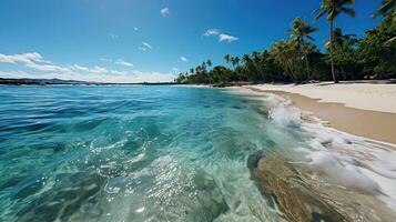 Weiß sandig Strand auf ein tropisch Insel und klar Meer. Paradies abgelegen Insel. erstellt mit generativ ai foto