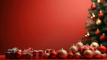 Weihnachten Komposition. Weihnachten rot Dekorationen, Tanne Baum Geäst auf rot Hintergrund. generativ ai. foto