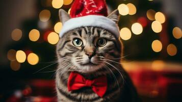 Nahansicht Porträt von ein süß Katze im ein rot Santa claus Hut unter Verbrennung Beleuchtung auf das Hintergrund von ein Winter schneebedeckt Landschaft. Neu Jahr Party. Schneeflocken im das Luft. generativ ai. foto