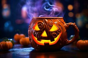 Halloween Kaffee, Kürbis Tasse mit ein heiß trinken und Dampf auf ein schwarz unheimlich Hintergrund, ein festlich Banner zum ein Cafe mit ein Kopieren Raum. generativ ai. foto