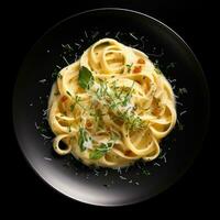 oben Aussicht Spaghetti mit Thymian, Knoblauch und Olive Öl schließen hoch. generativ ai. foto