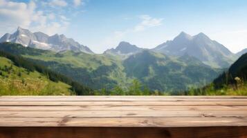 Holz Tabelle oben auf verwischen Hügel Berg ein Sonnenaufgang Natur Hintergrund, Landschaft mit Schreibtisch Planke können Sein benutzt zum Anzeige Ihre Produkte. generativ ai. foto