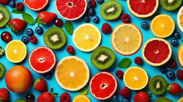 hell Hintergrund mit Kiwi Frucht, Grapefruit und Orangen. generativ ai. foto