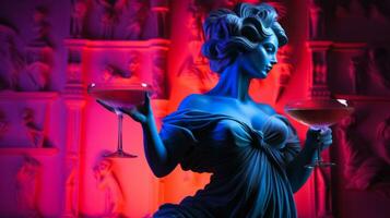 Antiquität Statue im Neon- Licht mit kosmopolitisch Cocktail modern Konzept Hintergrund mit ein Kopieren Raum foto