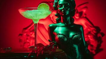 Antiquität Statue im Neon- Licht mit Margarita Cocktail modern Konzept Hintergrund mit ein Kopieren Raum foto