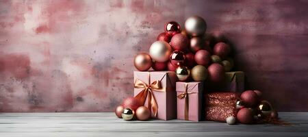 Weihnachten Dekoration auf Grunge dekorativ Rosa Pastell- Stuck Mauer. Geschenk Kisten mit Kopieren Raum. generativ ai Illustration foto