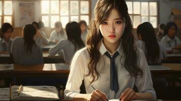 Koreanisch Mädchen beim Schule. Karikatur Stil. schön asiatisch Teen Mädchen. foto