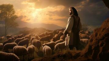Jesus Hirten das Schaf im Abend Himmel foto