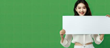 heiter asiatisch Frau posieren mit leer Banner auf Grün Hintergrund Herstellung Auge Kontakt mit Kamera foto