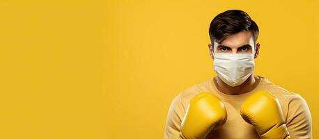 Mann tragen Maske und Handschuhe Gelb Hintergrund Text Raum Konzept von stark Immunität foto