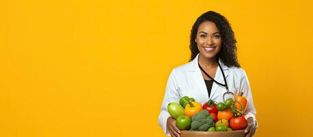 charmant Arzt gekleidet im Weiß halten ein Schüssel von gesund Essen fördern Ernährung und Wellness auf ein Gelb Hintergrund foto