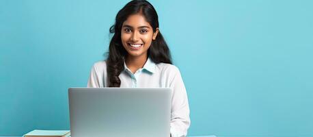 lächelnd indisch Teen Mädchen mit Laptop zum online Studie auf Blau Hintergrund glücklich Schüler im lehrreich Webinar foto