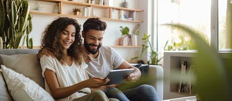 spanisch Paar auf Couch beim Zuhause mit Tablette zum Internet und Sozial Medien Mädchen massieren Freund Kopieren Raum verfügbar foto