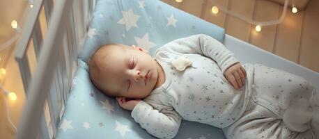 Text Raum über Aussicht zum bezaubernd Schlafen Baby mit Schnuller im Krippe foto