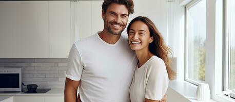 liebend Erwachsene Paar lächelnd im ein Weiß Küche Innere beim Zuhause Kopieren Raum foto
