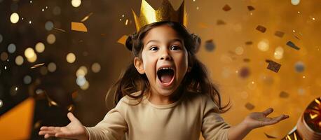 Geburtstag Feier mit froh Kind Mädchen tragen ein Krone Verkauf und Rabatt zum Urlaub Einkaufen Verkauf und Party Vorbereitungen foto