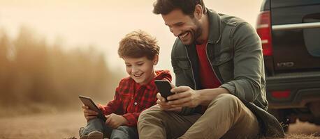 Vater und Sohn haben Spaß während mit Handy, Mobiltelefon Telefon draußen foto