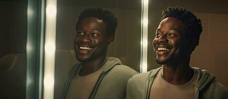 afrikanisch Mann suchen beim seine Betrachtung im ein Badezimmer Spiegel mit ein Lächeln foto