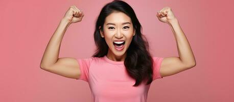 ein begeistert asiatisch Frau stolz Heben ihr Waffen zeigen aus ihr Muskeln tragen ein Blau Hemd und lächelnd foto