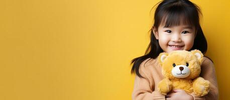 süß asiatisch Mädchen mit Teddy Bär Stehen allein auf Gelb Hintergrund foto