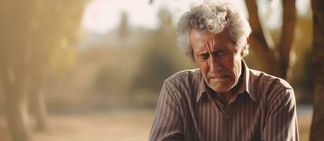 traurig Senior Mann im Park mit Raum zum Kopieren Porträt zeigt Stress Pensionierung Krise und Gesundheit Probleme foto