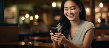 ein asiatisch Frau im ein Restaurant halten ein Smartphone mit ein leeren Bildschirm bereit zum ein Botschaft Logo oder Werbung foto