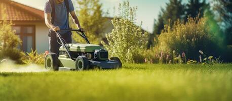 ein Fachmann Gärtner neigt zu das Gras im ein schön Garten mit ein Rasenmäher foto