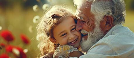 jung Mädchen umarmt ihr Großvater während Gehen draußen im das Sommer- symbolisieren ein schließen stricken Familie foto