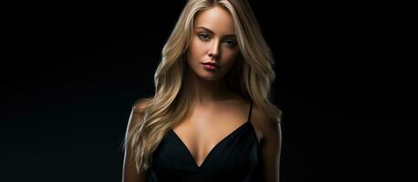 atemberaubend blond mit lange Haar trägt schwarz Kleid auf schwarz Hintergrund foto